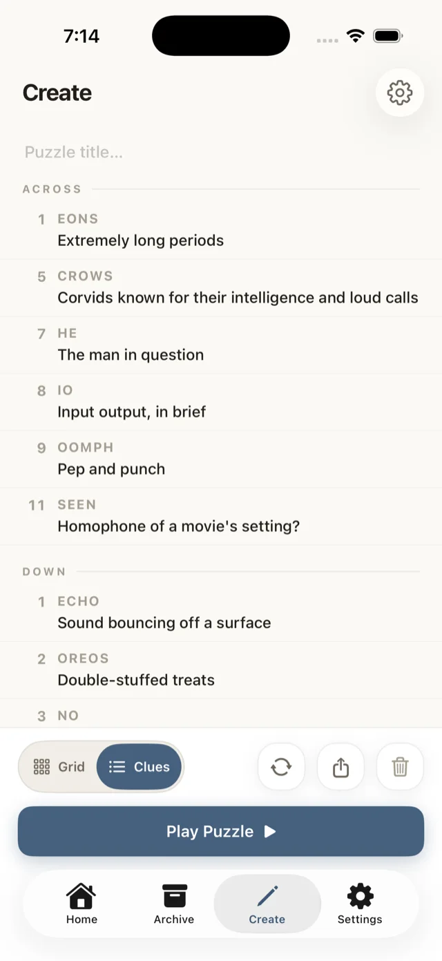 The clue list written for a built puzzle, with entries such as “Corvids known for their intelligence and loud calls” for CROWS and “Sound bouncing off a surface” for ECHO.