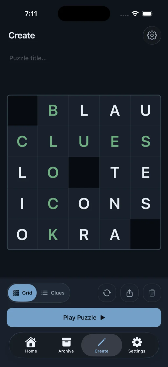 A 5×5 grid in dark mode: the words typed in by hand are green, and the letters the solver filled in around them are white.