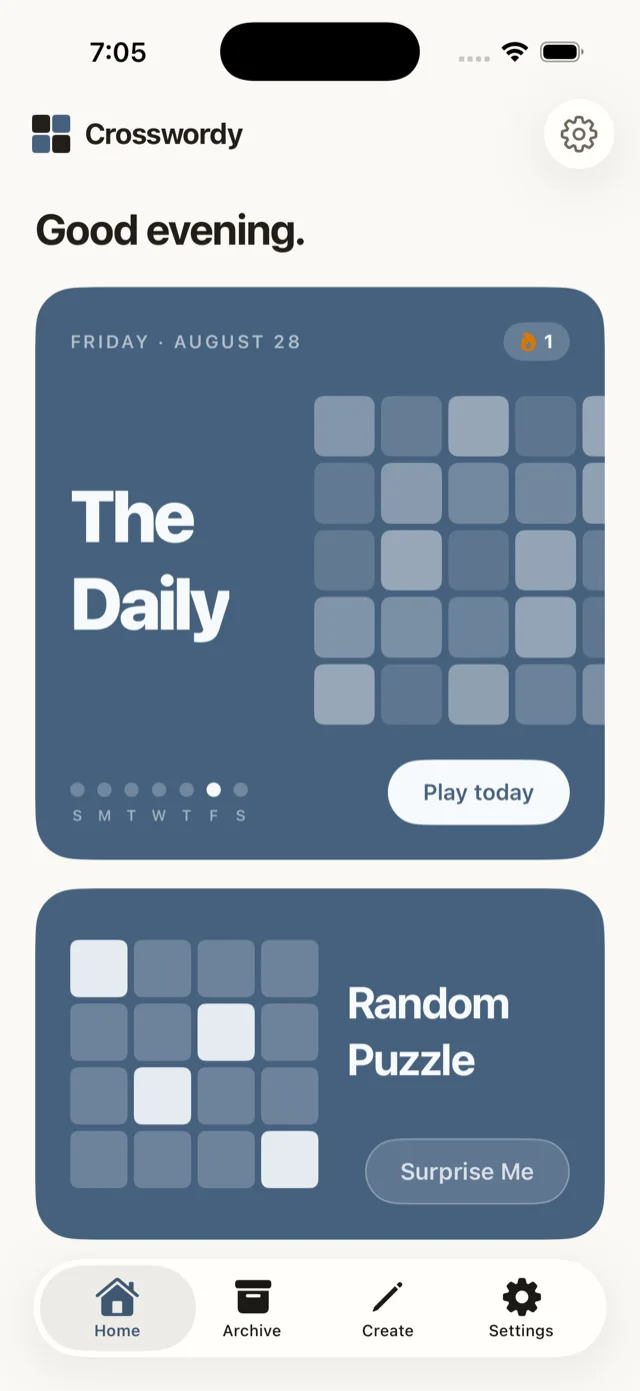 The Crosswordy home screen in light mode: today's daily puzzle card with a one-day streak, and a Random Puzzle card below it.