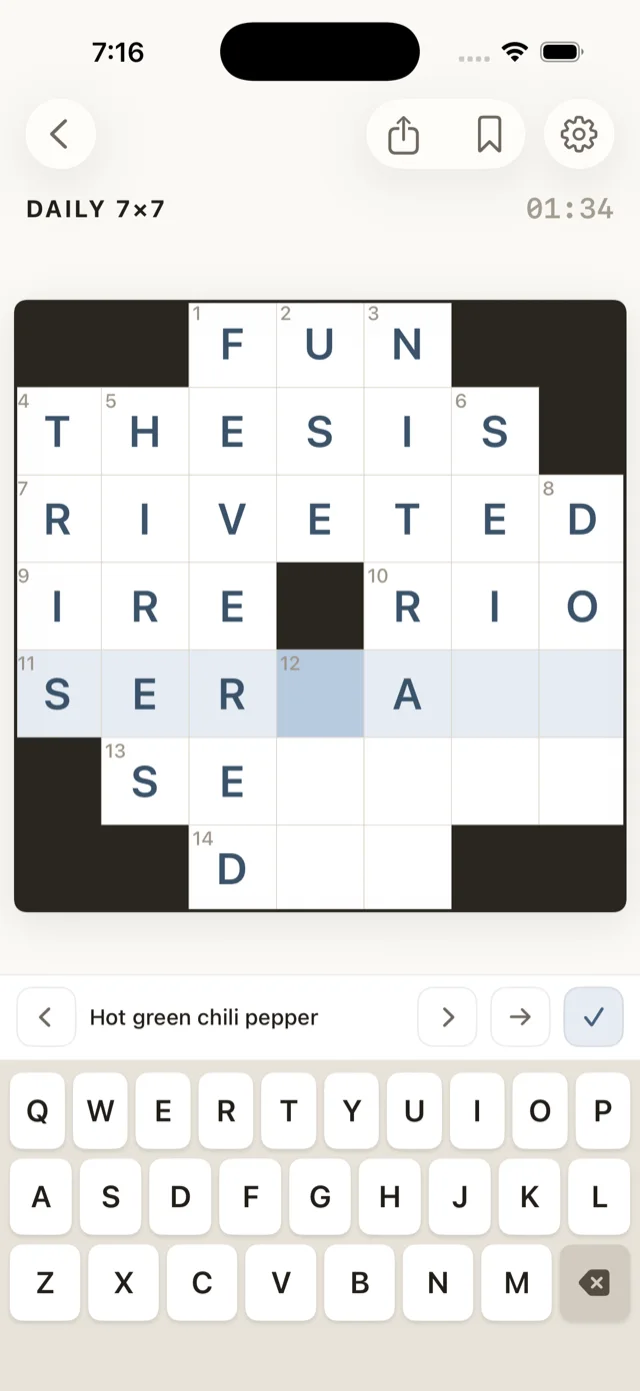 A daily 7×7 part-solved in light mode, with the clue “Hot green chili pepper” under the grid and the keyboard open.