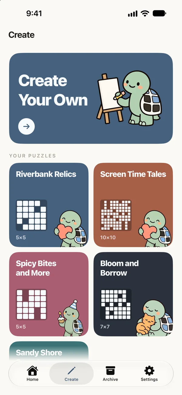 The Create tab: a grid of the puzzles you've made, each in its own color with its own Frank.