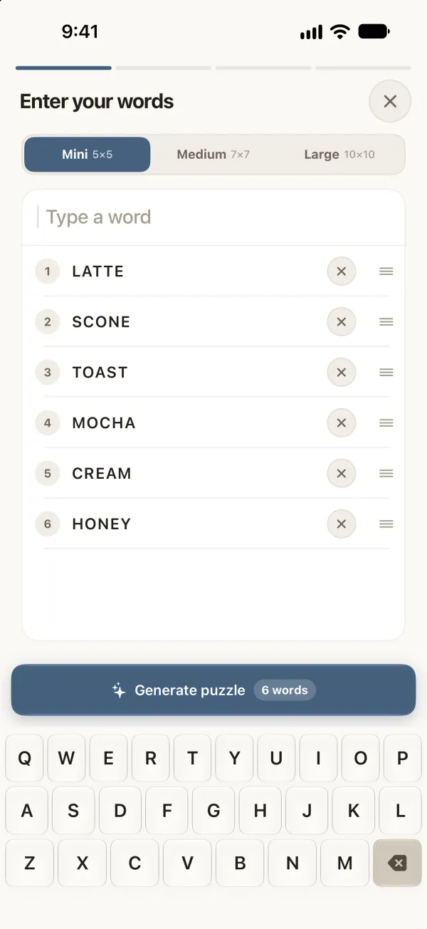 The word list: six café words, from LATTE to HONEY, ready to generate.
