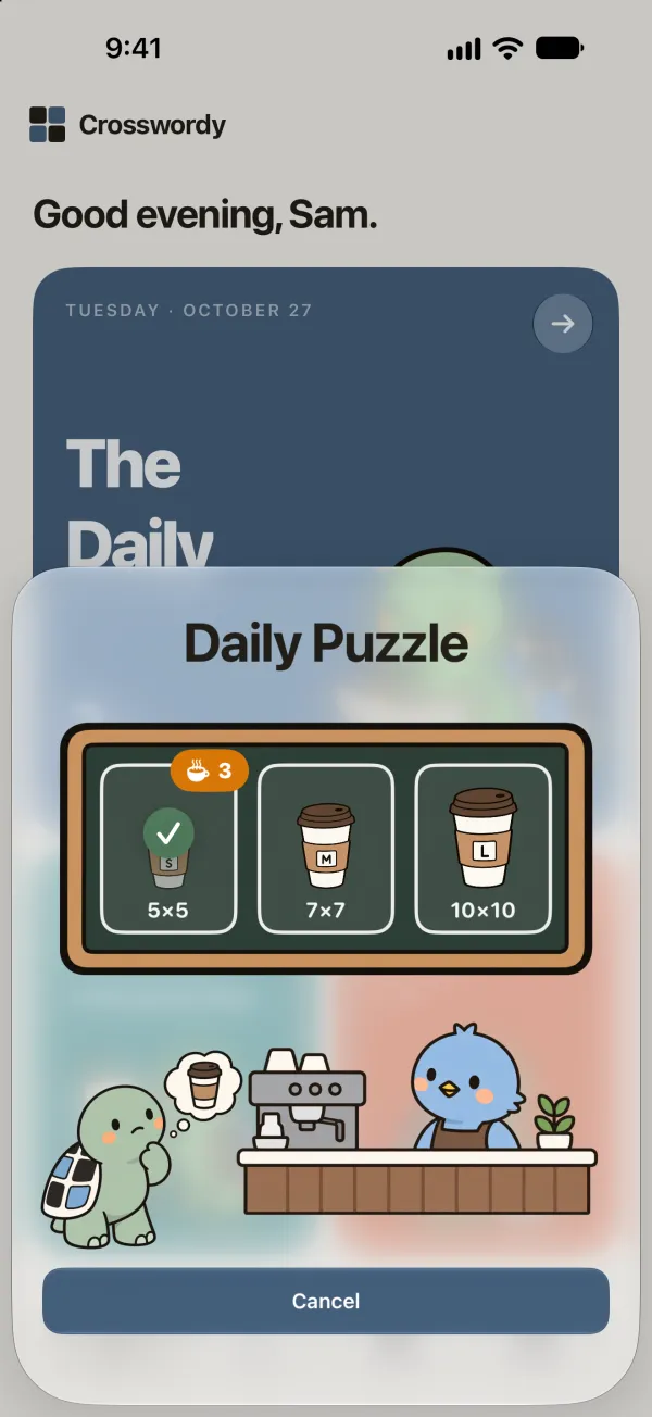 The Daily size picker: three coffee cups on a chalkboard menu, with the barista bird and Frank at the counter.