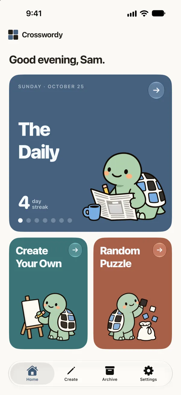 Crosswordy's Home screen: today's Daily with Frank reading the paper, above the Create Your Own and Random Puzzle cards.