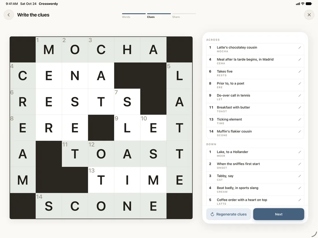 Writing clues for a puzzle you built, with the grid on the left and its clues on the right.