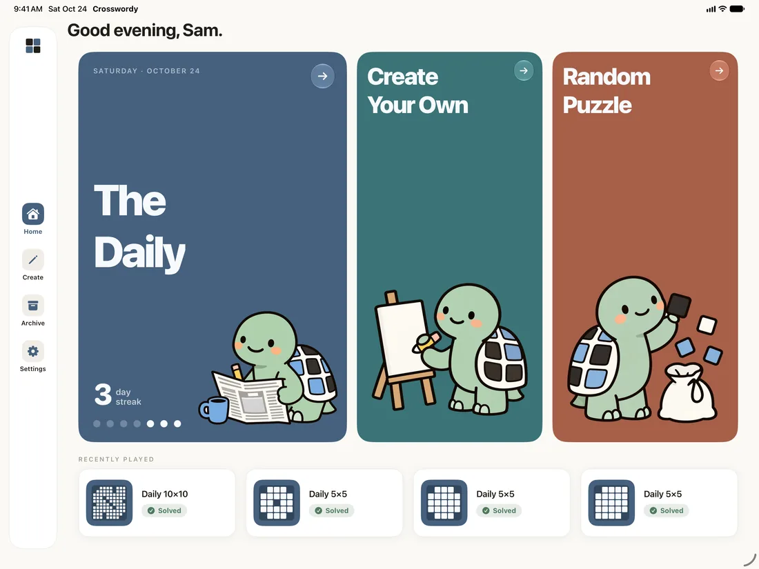 Home on iPad: the Daily, Create and Random Puzzle cards side by side, with a sidebar of tabs.