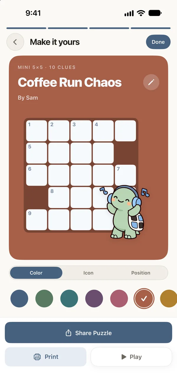 Make it yours: a puzzle card titled Coffee Run Chaos in clay red, with Frank in headphones.