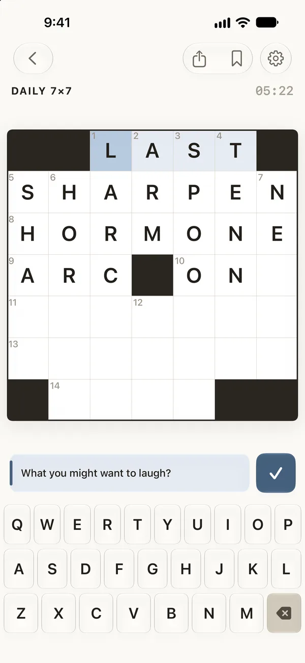 A 7×7 crossword half filled in, with the clue for the selected word above the keyboard.