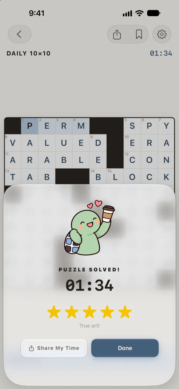 The solved card: Frank raising a coffee, five gold stars, the time and a Share My Time button.